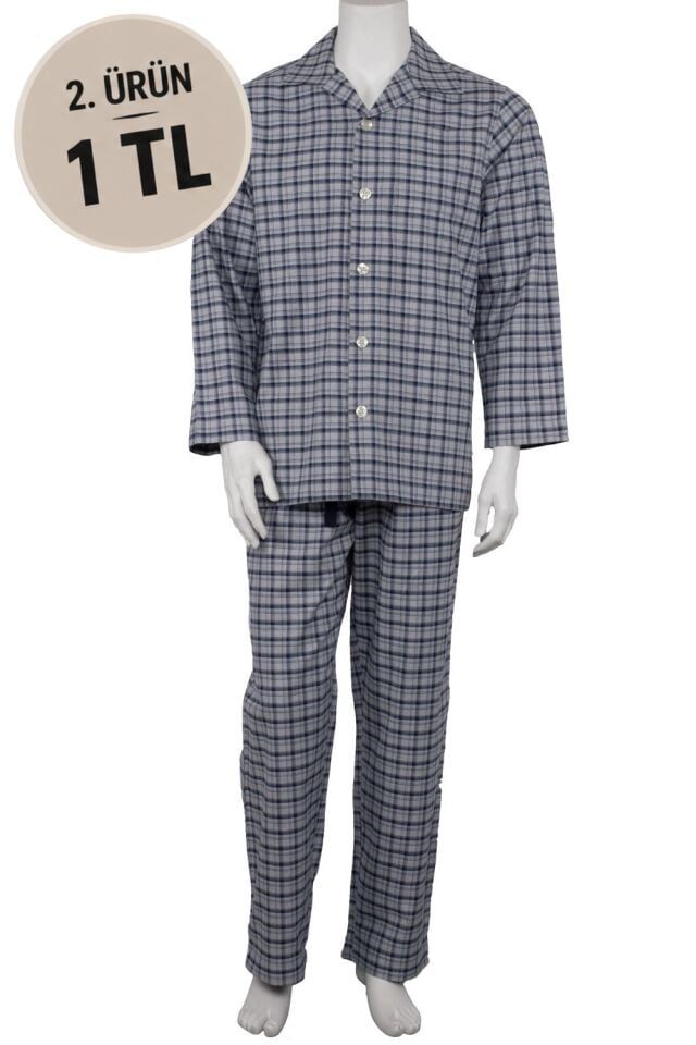 The DON Poplin Erkek Pijama Takımı Arduvaz-Lacivert Ekose