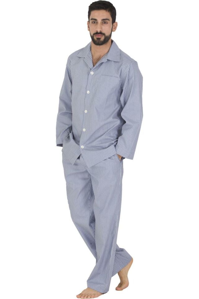 The DON Poplin Erkek Pijama Takımı Blue & Silver Çizgili