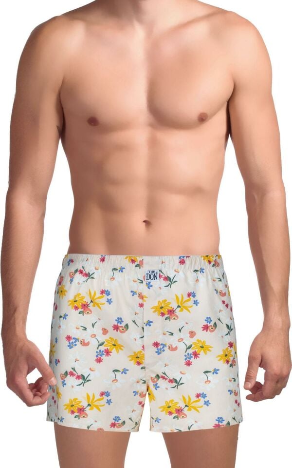 The DON Poplin Erkek Boxer Açık Sarı Çiçek Desenli