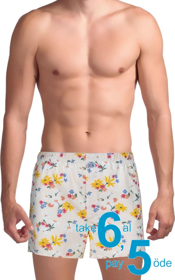 The DON Poplin Erkek Boxer Açık Sarı Çiçek Desenli