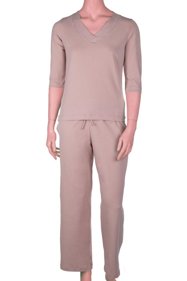 The DON Kadın V-Yaka Kapri Kollu Üst-Alt Takım Pudra İpeği Rengi