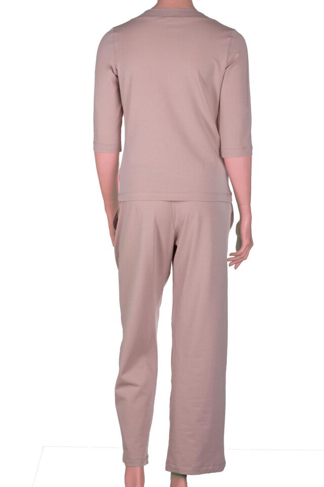 The DON Kadın V-Yaka Kapri Kollu Üst-Alt Takım Pudra İpeği Rengi