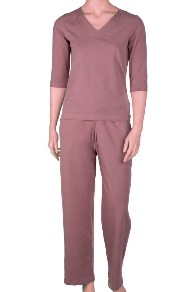 The DON Kadın V-Yaka Kapri Kollu Üst-Alt Takım Kahve Karamel