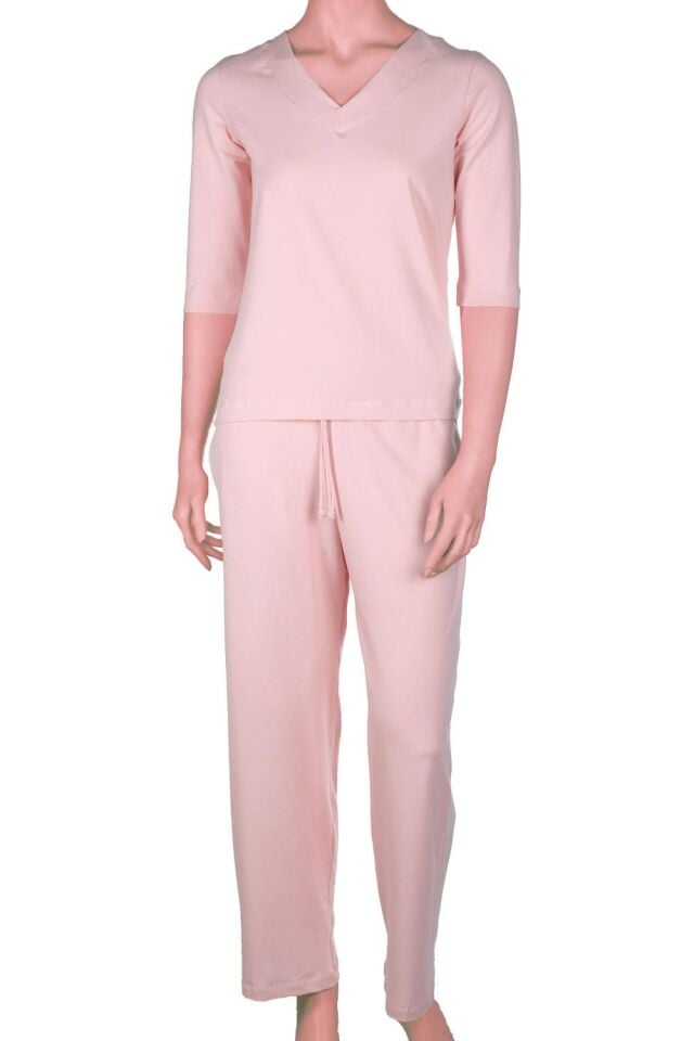 The DON Kadın V-Yaka Kapri Kollu Üst-Alt Takım Pamuk Şeker Pembesi