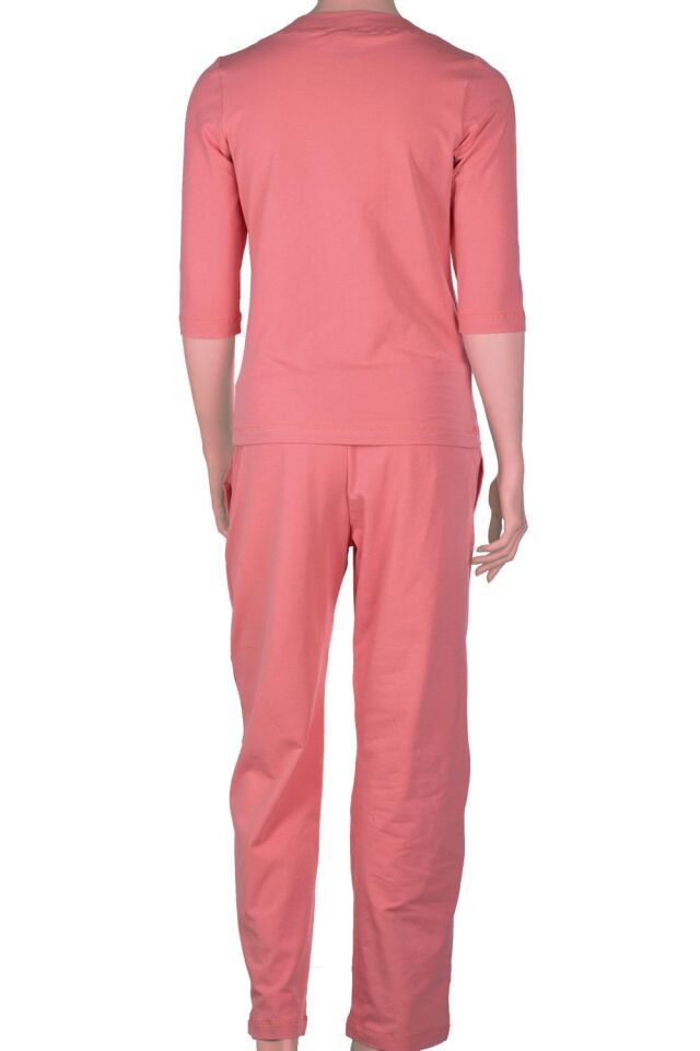 The DON Kadın V-Yaka Kapri Kollu Üst-Alt Takım Mercan Gülü