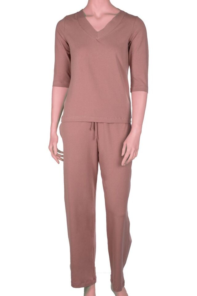 The DON Kadın V-Yaka Kapri Kollu Üst-Alt Takım Antik Gül Rengi
