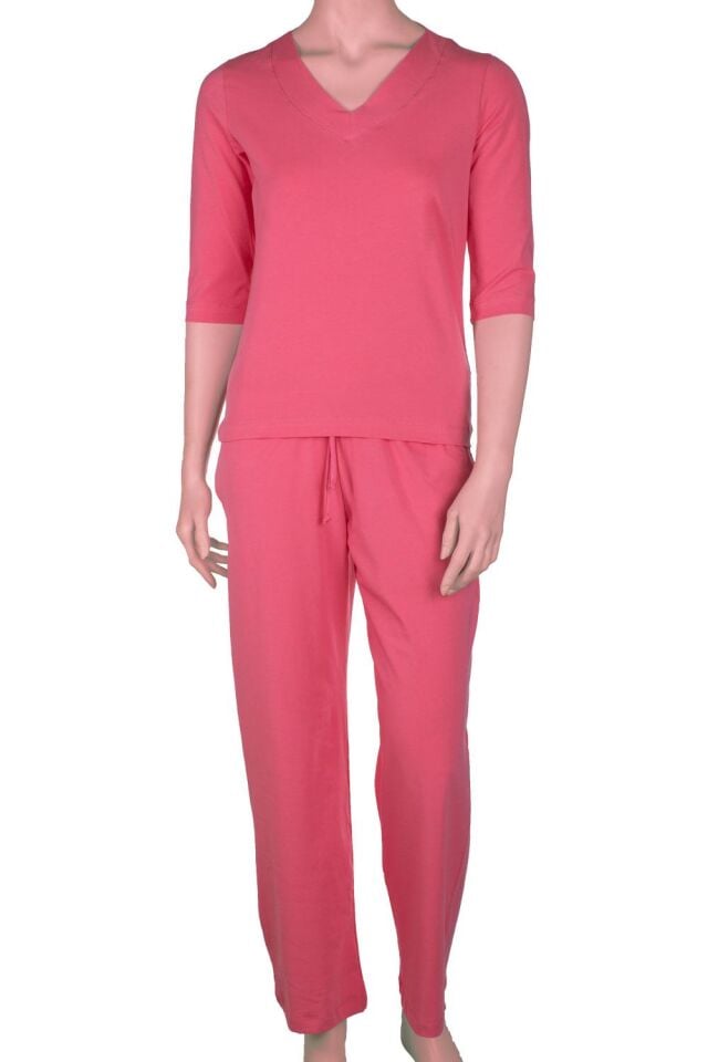 The DON Kadın V-Yaka Kapri Kollu Üst-Alt Takım Ateş Kırmızısı