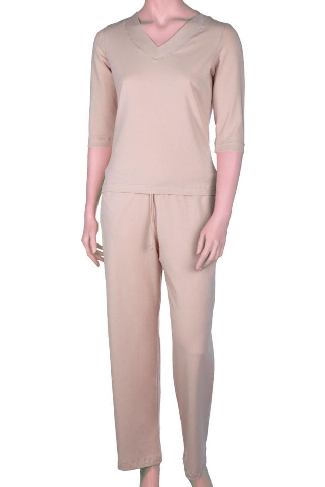 The DON Kadın V-Yaka Kapri Kollu Üst-Alt Takım Ekru Çiçeği Rengi