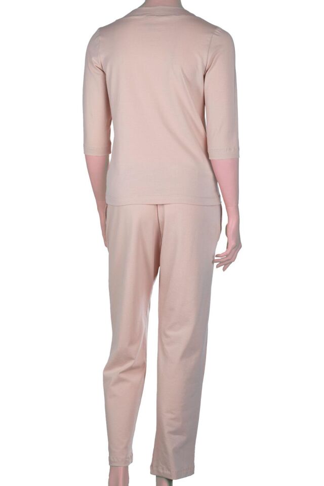 The DON Kadın V-Yaka Kapri Kollu Üst-Alt Takım Ekru Çiçeği Rengi