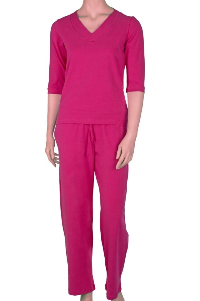 The DON Kadın V-Yaka Kapri Kollu Üst-Alt Takım Fuşya Rapsodi