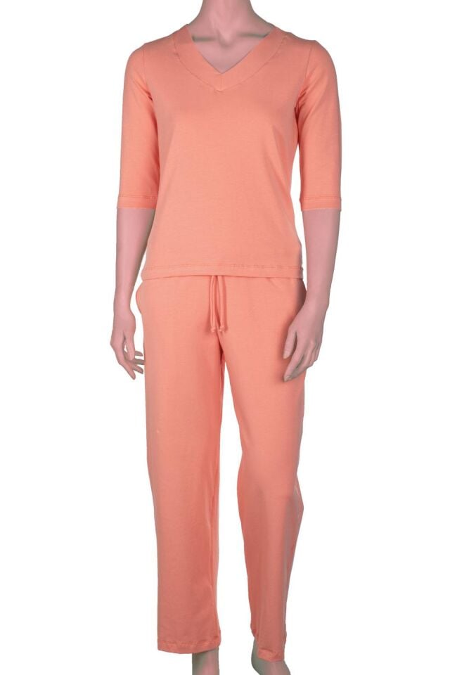 The DON Kadın V-Yaka Kapri Kollu Üst-Alt Takım Şeftali Rüyası