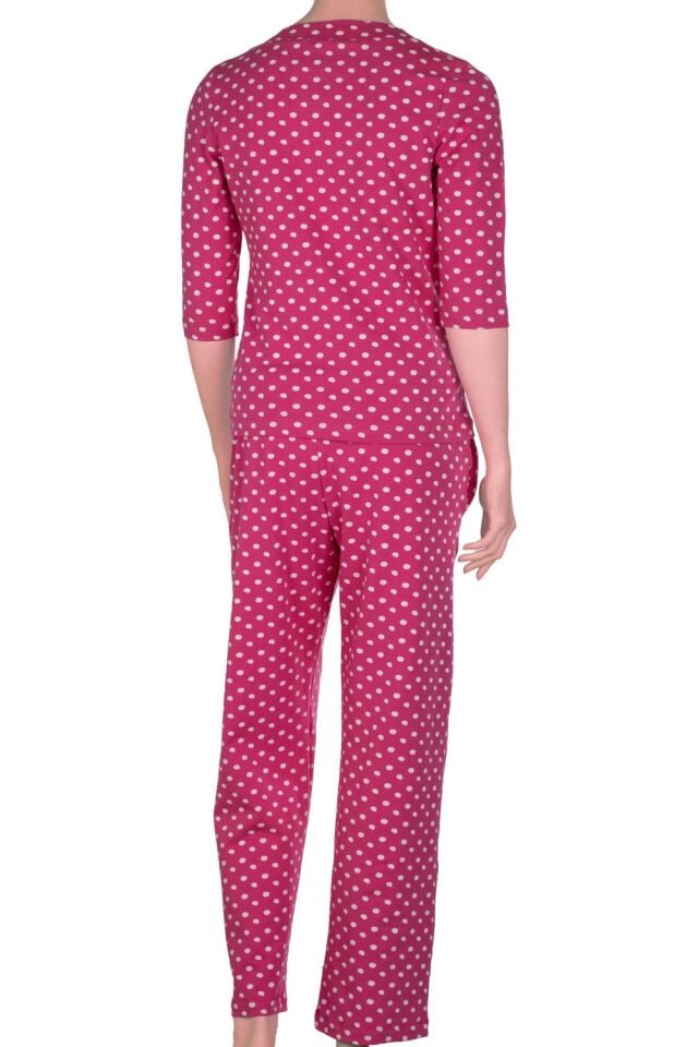 The DON Kadın V-Yaka Kapri Kollu Üst-Alt Takım Fuşya Puantiyeli