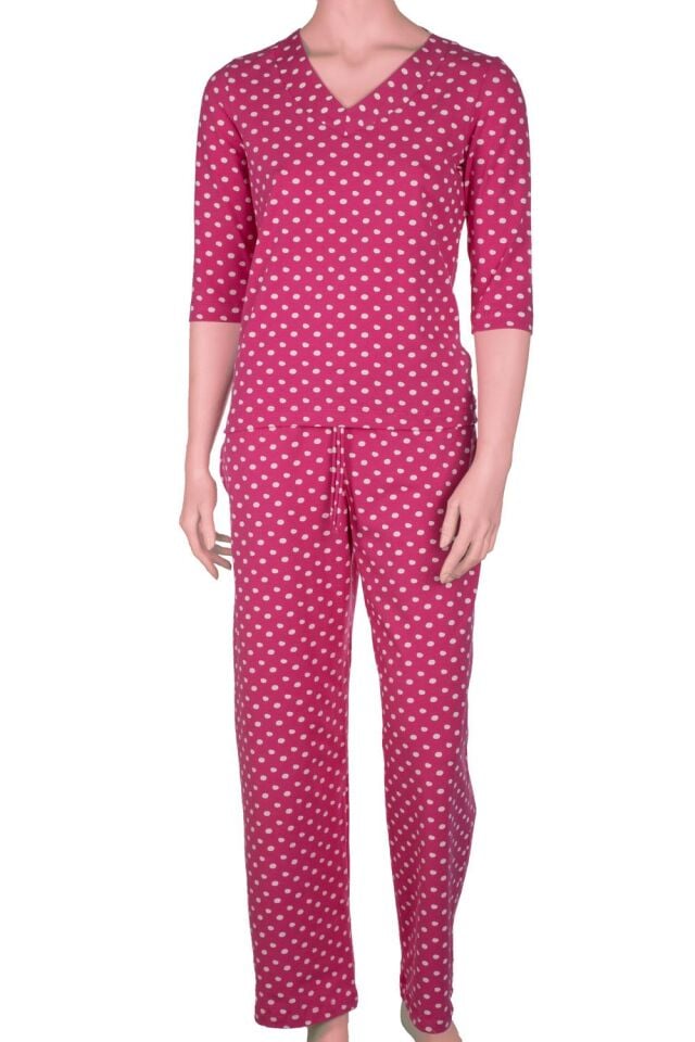 The DON Kadın V-Yaka Kapri Kollu Üst-Alt Takım Fuşya Puantiyeli