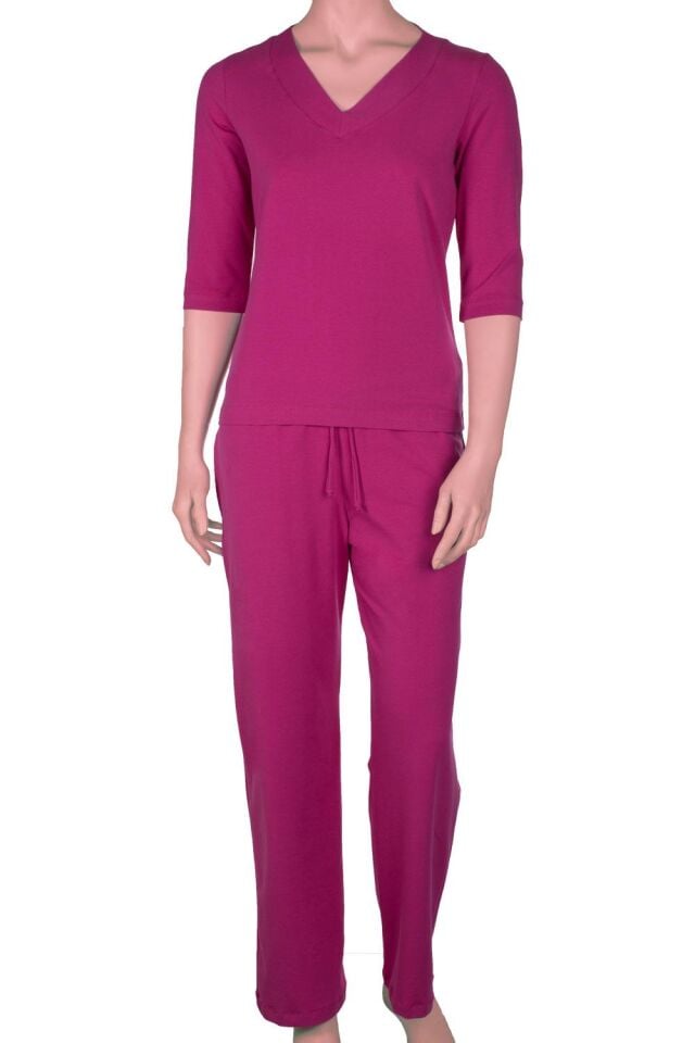The DON Kadın V-Yaka Kapri Kollu Üst-Alt Takım Derin Orkide Rengi